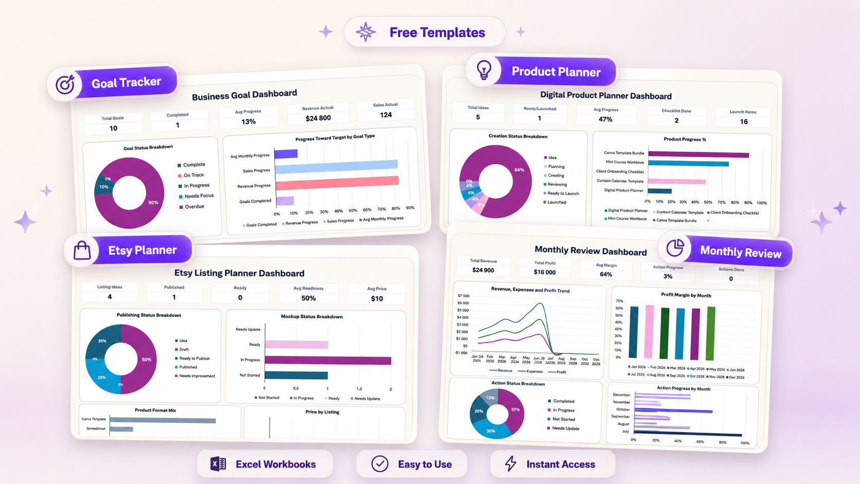 Insplify free templates collage with goal tracker, product planner, Etsy planner, and monthly review previews